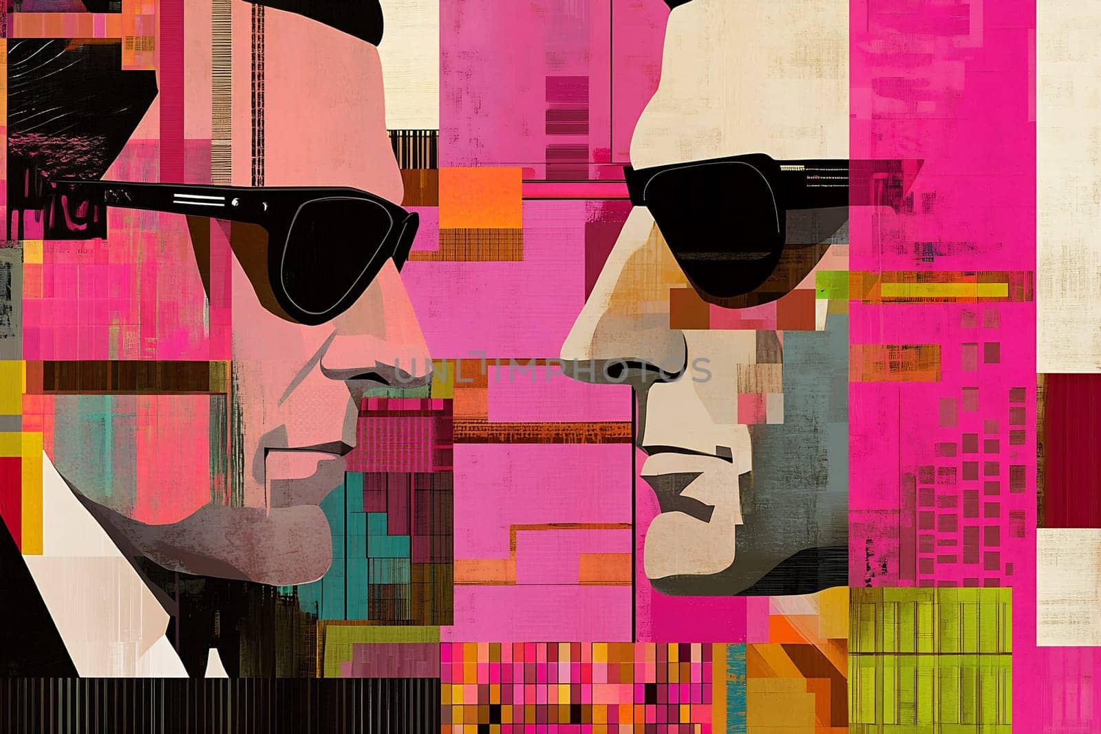 Two stylish figures face each other, both wearing sunglasses, with vibrant colors and geometric patterns in the background.