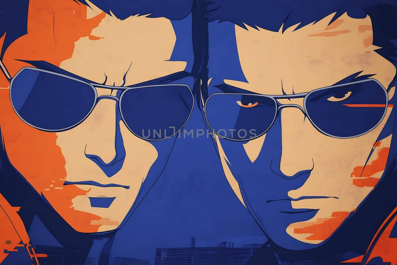Two men wearing sunglasses stare intensely, showcasing bold artistic colors and powerful expressions on a deep blue backdrop.