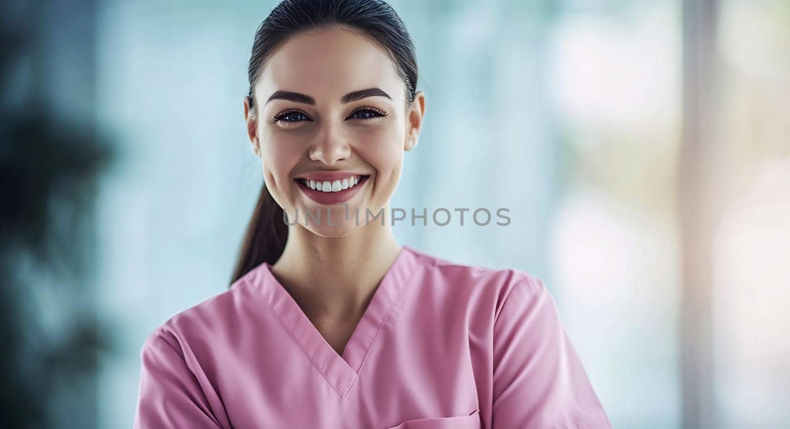 A cheerful nurse wearing pink scrubs stands confidently in a hospital, ready to assist patients and provide care.