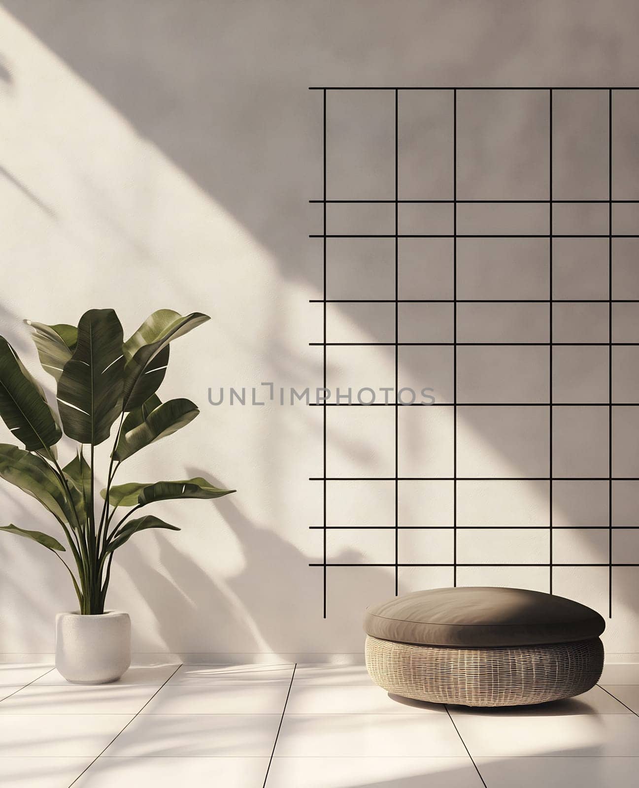 A stylish indoor space features a potted plant and a round seating cushion against a sunlit wall.