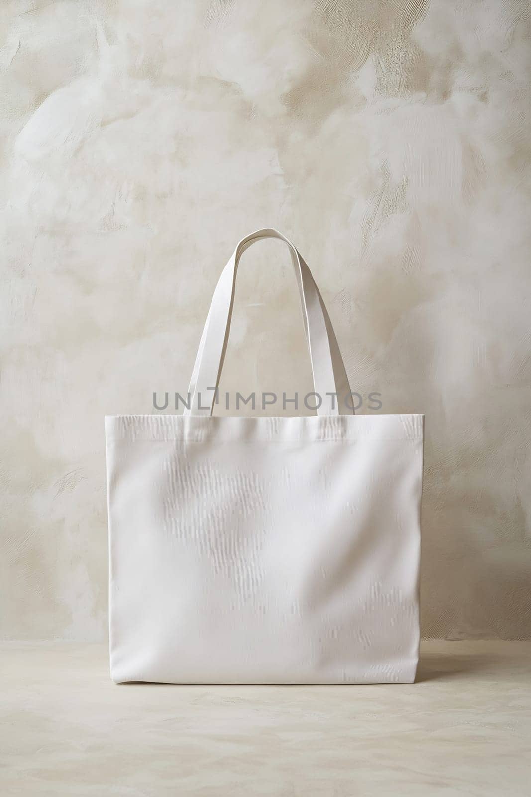 A plain white tote bag rests on a textured, neutral background, showcasing its versatile design and clean lines.