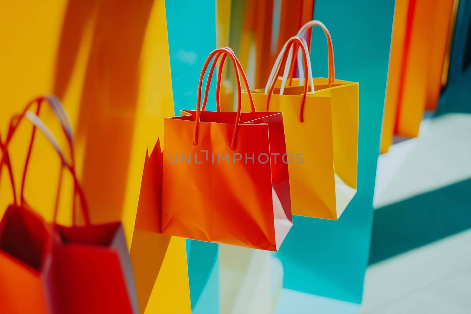Vibrant paper bags in red, orange, and yellow are suspended against a bright backdrop, illuminated by warm sunlight.