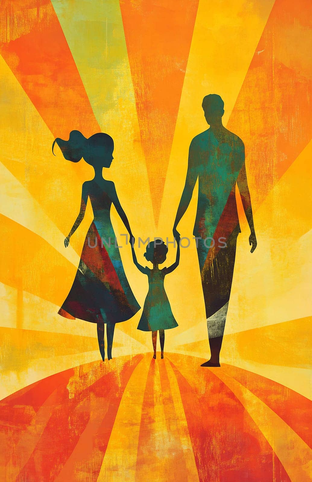 A silhouetted family of three strolls hand in hand, enjoying a peaceful moment against a vibrant sunset background with radiant colors.