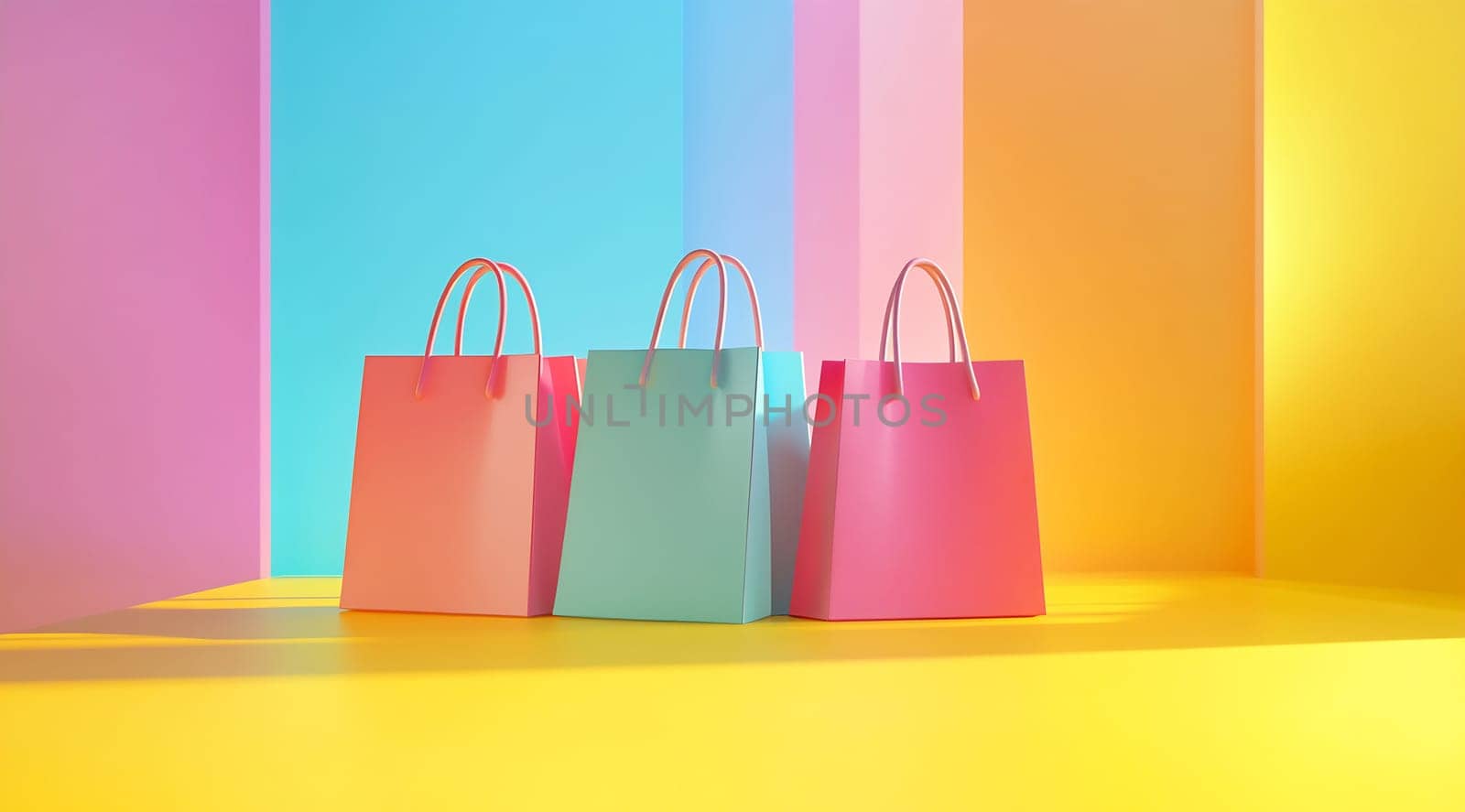 Three vibrant shopping bags arranged against a colorful background, showcasing a playful and cheerful atmosphere ideal for retail.