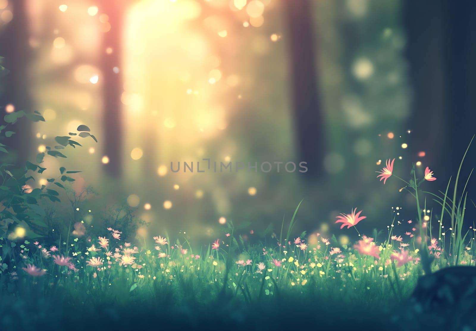 Dappled sunlight filters through trees, illuminating a lush forest floor adorned with blooming flowers and gentle greenery.