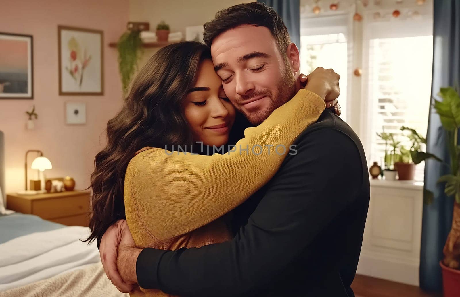 A couple embraces lovingly in a cozy bedroom, surrounded by soft colors and warm decor, radiating affection and happiness.