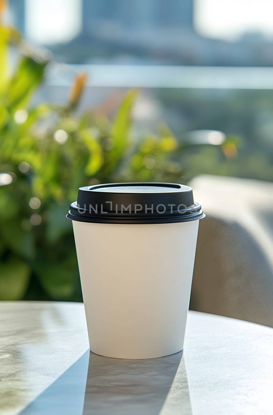 A takeout coffee cup sits on a table bathed in sunlight, surrounded by lush greenery, creating a serene morning atmosphere.