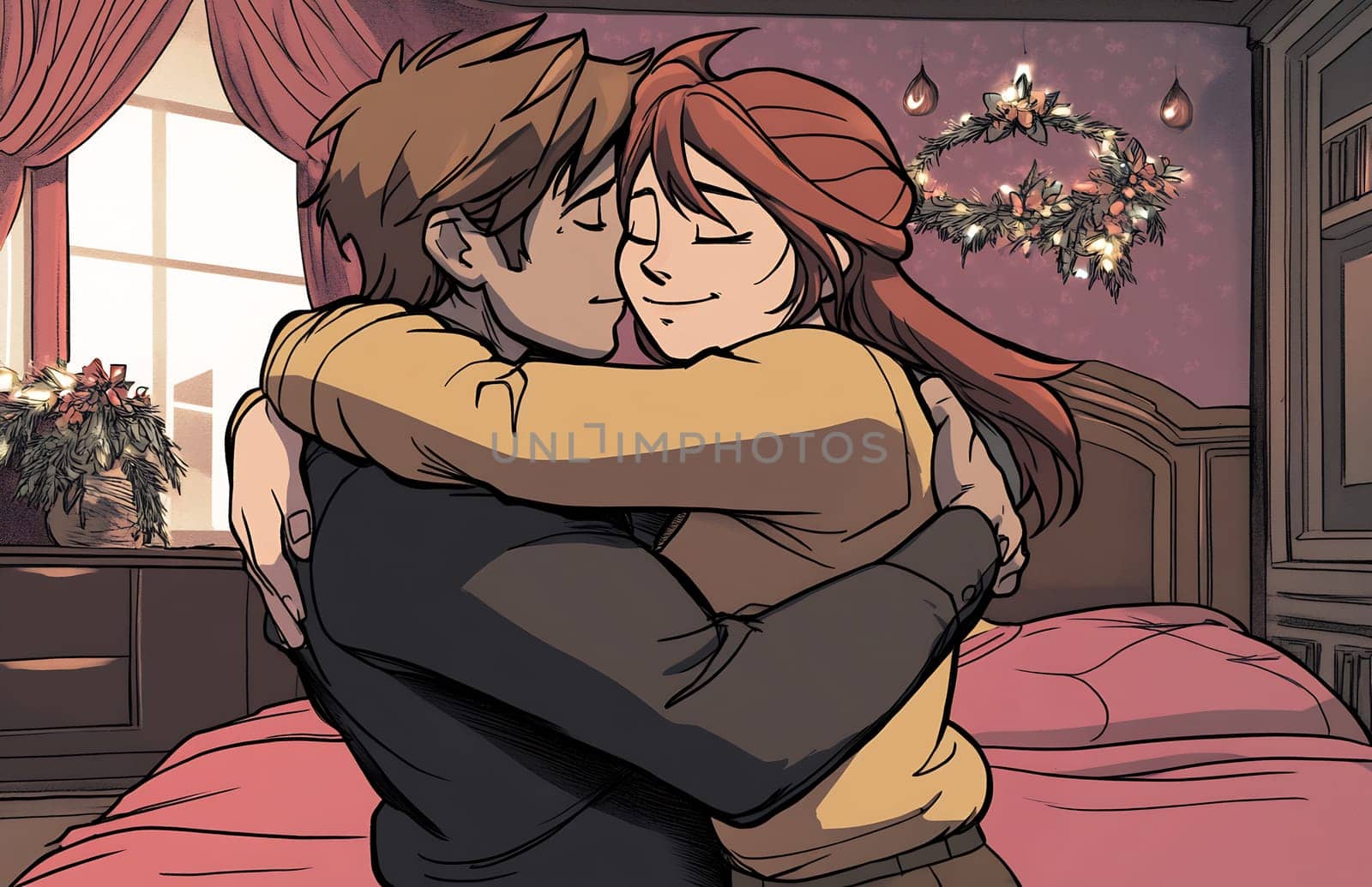A couple is lovingly embracing in a cozy bedroom adorned with holiday decorations, sharing a tender moment.
