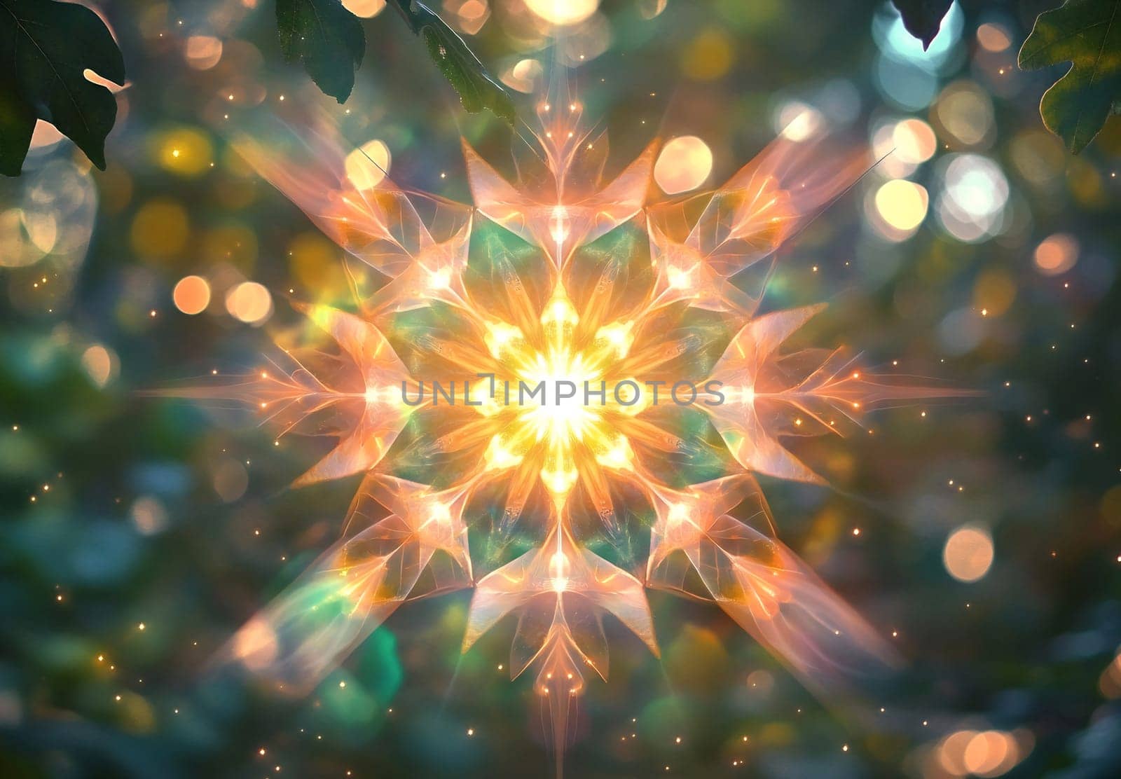 A mesmerizing geometric pattern of light emerges among the greenery, showcasing a blend of colors and shapes.
