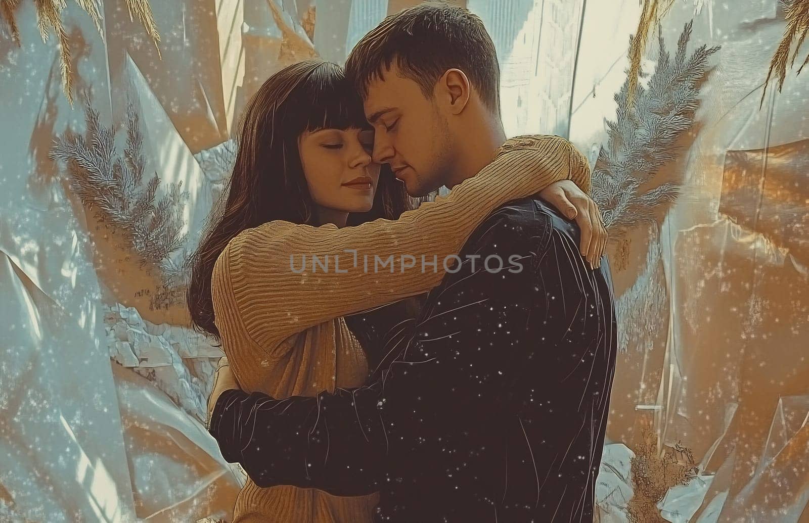 A couple shares a tender moment, wrapped in each other's arms in a softly lit, intimate environment filled with decorative elements.