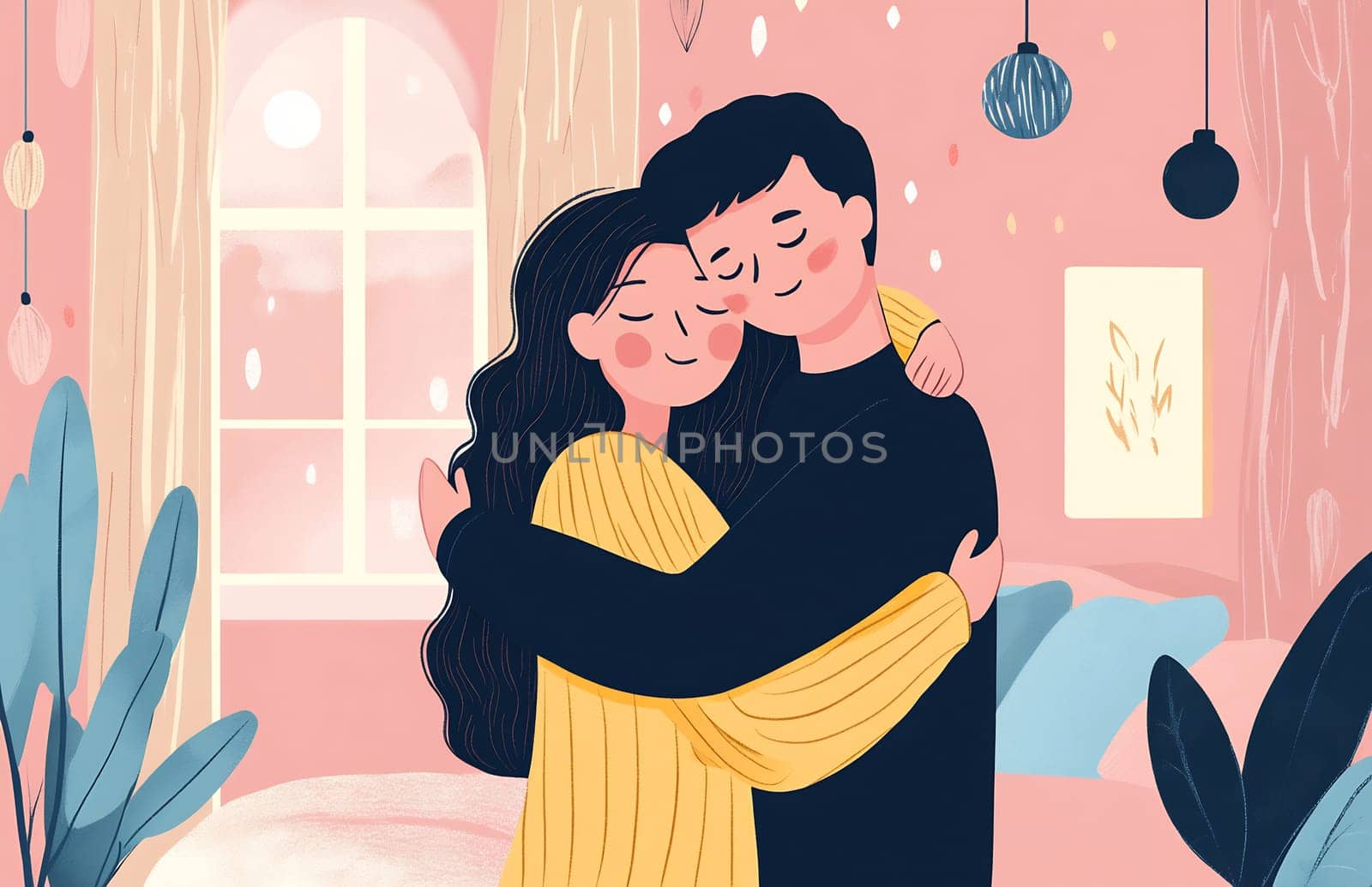 A couple in a warm embrace, enjoying a cozy moment together in a beautifully decorated, soft-toned room with natural light.