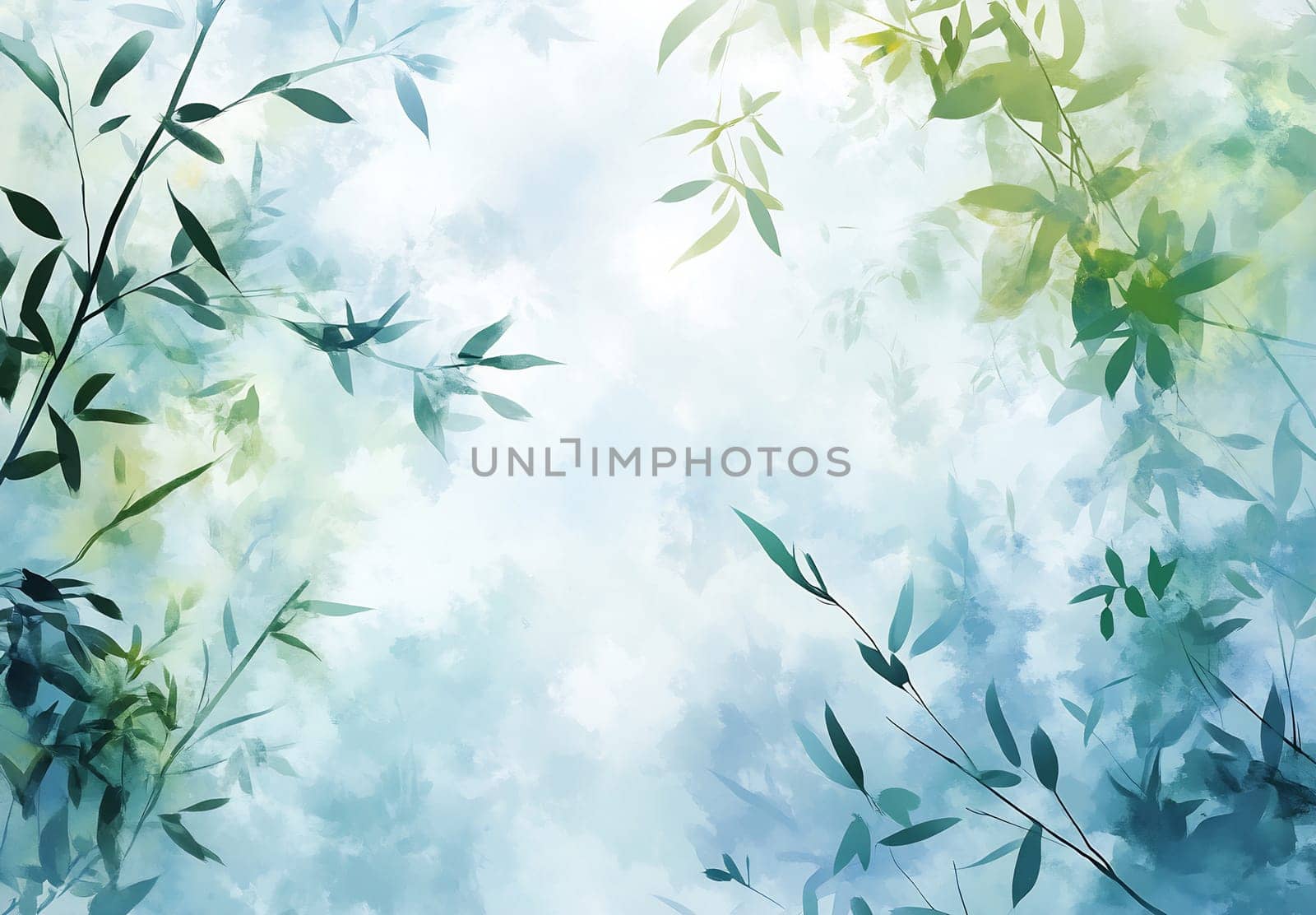 Delicate green leaves frame a calm, softly blurred background, creating an atmosphere of tranquility and nature's beauty.