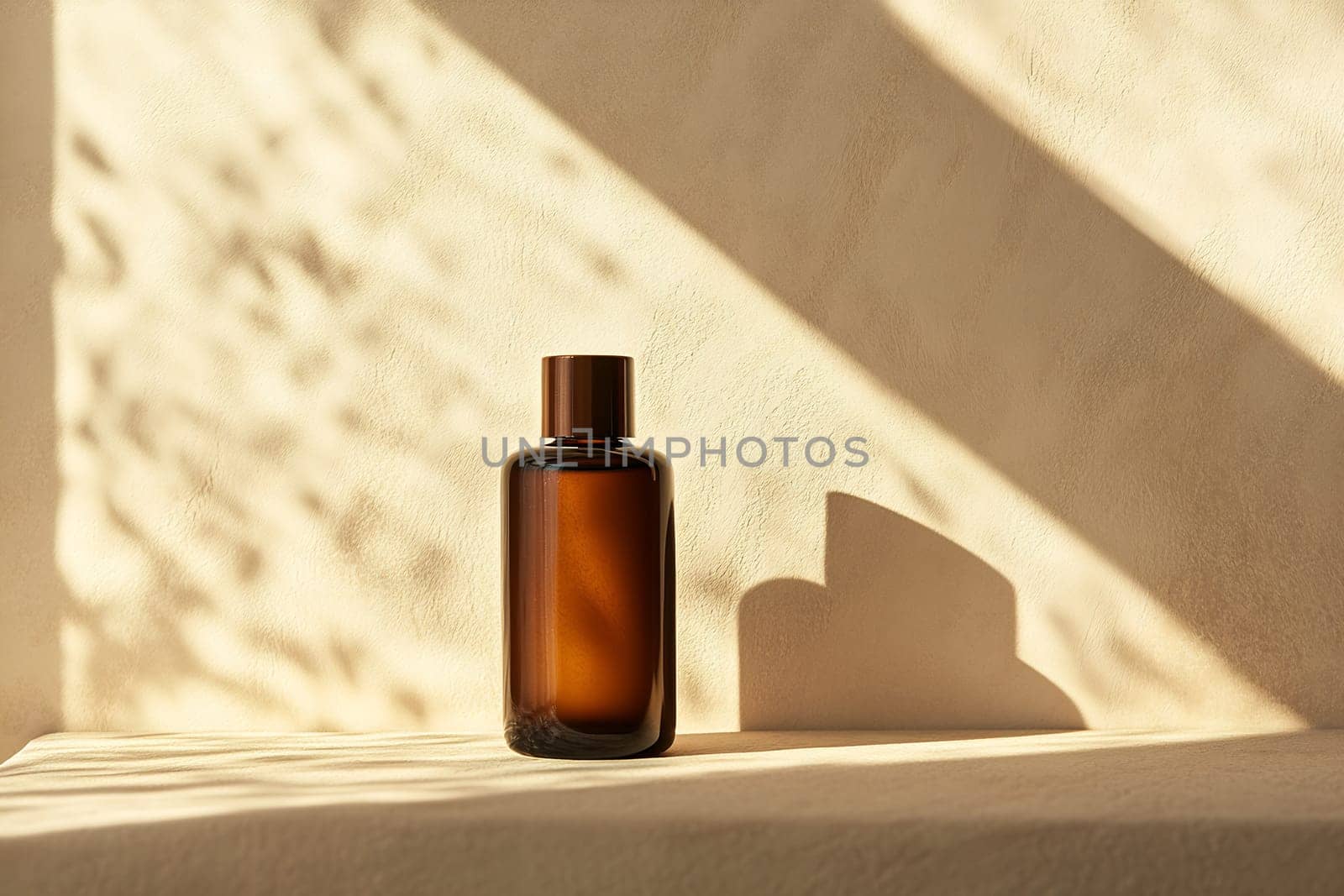 An amber bottle stands on a light surface, casting soft shadows in a minimalist setting filled with warm sunlight.