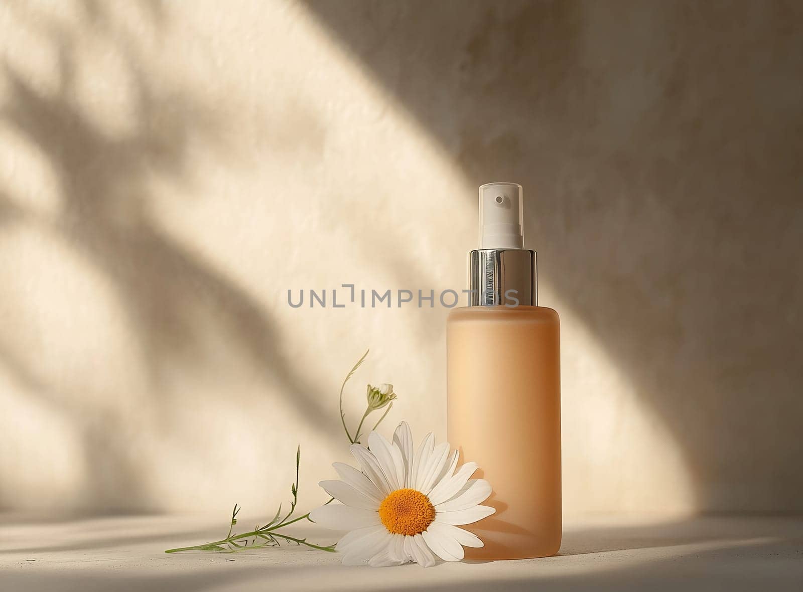 A skincare bottle sits elegantly next to a daisy, illuminated by soft, natural light creating a peaceful atmosphere.