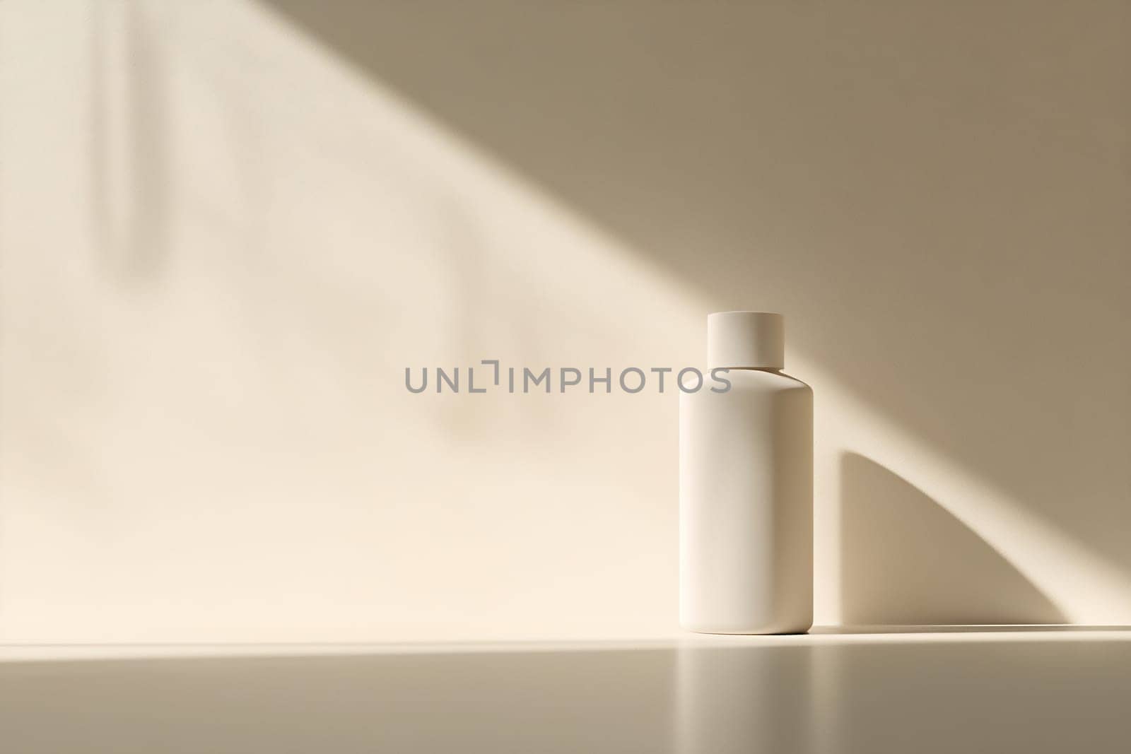 A simple, white bottle stands alone on a table, illuminated by soft sunlight casting gentle shadows in a minimalistic setting.