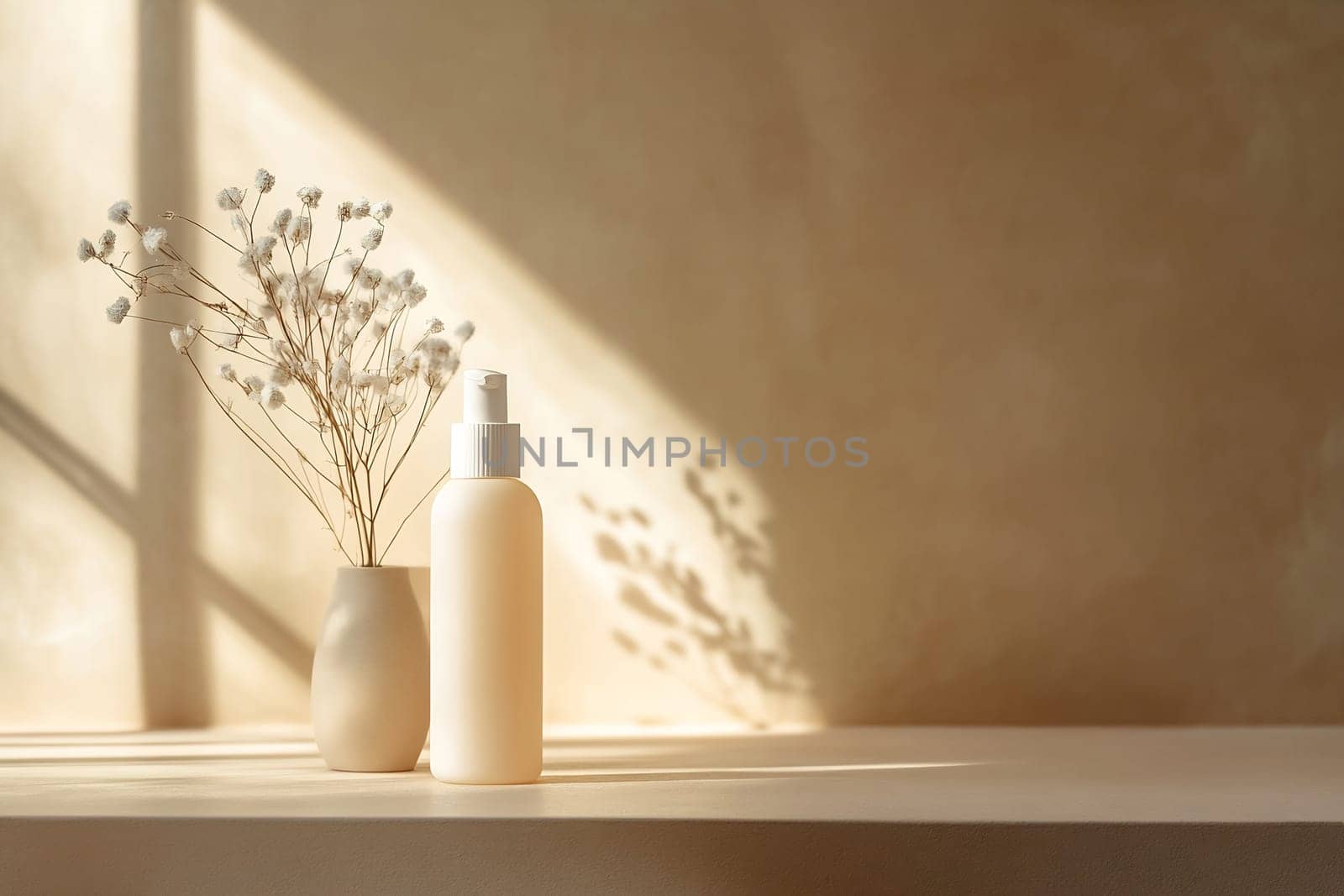 A minimalist display features a creamy bottle next to a vase holding dried flowers, illuminated by soft sunlight.