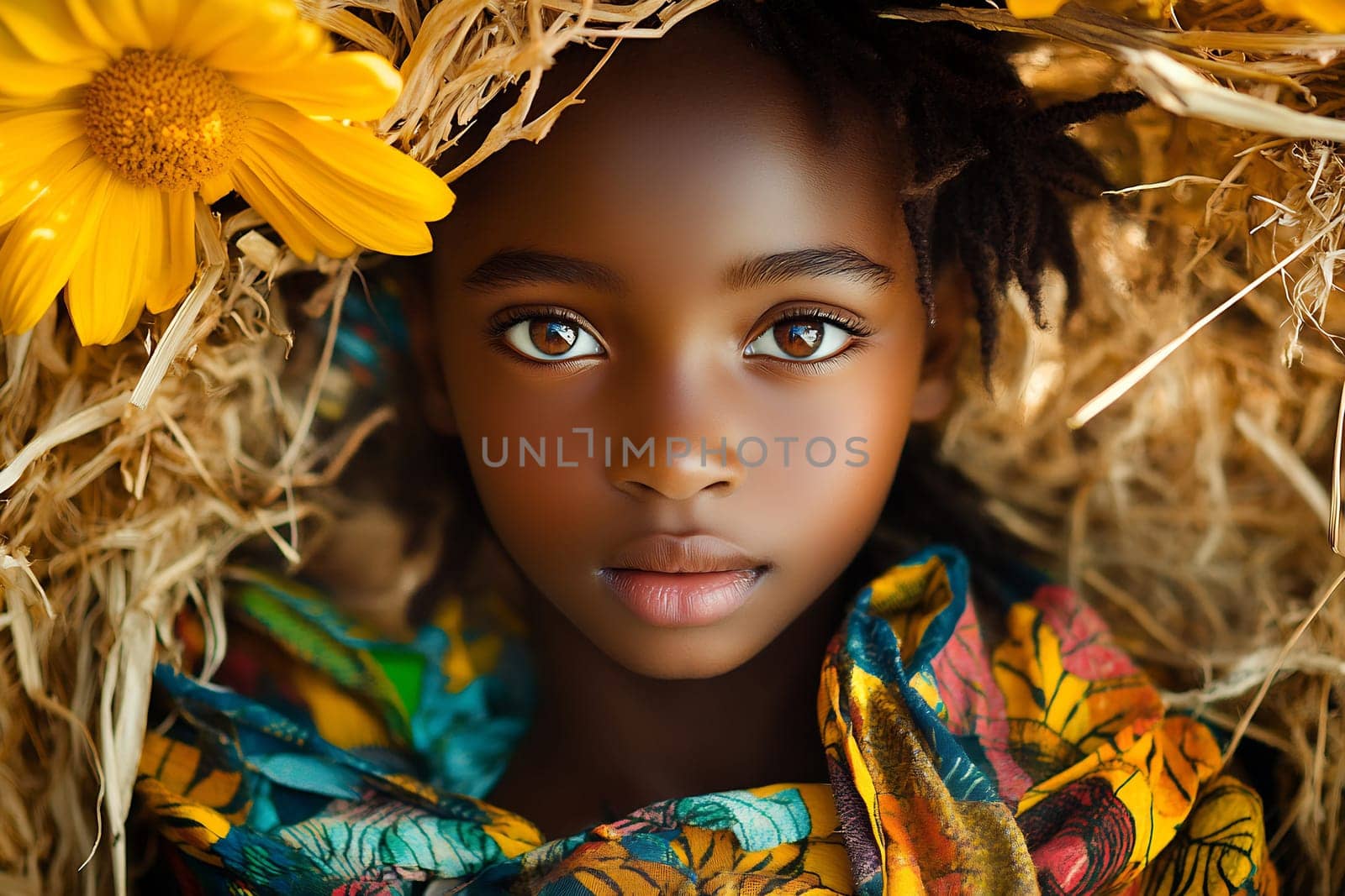 A child with expressive eyes rests in a bed of straw and vibrant flowers, showcasing innocence and natural beauty during daylight.