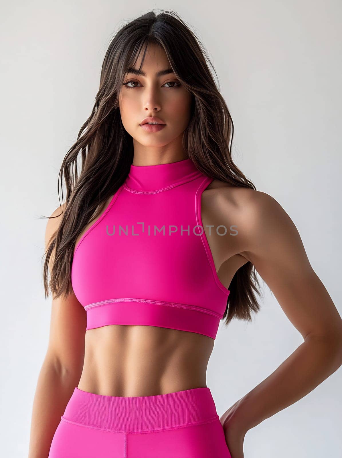 A fit woman poses in pink activewear, showcasing strength and confidence in a well-lit studio setting.