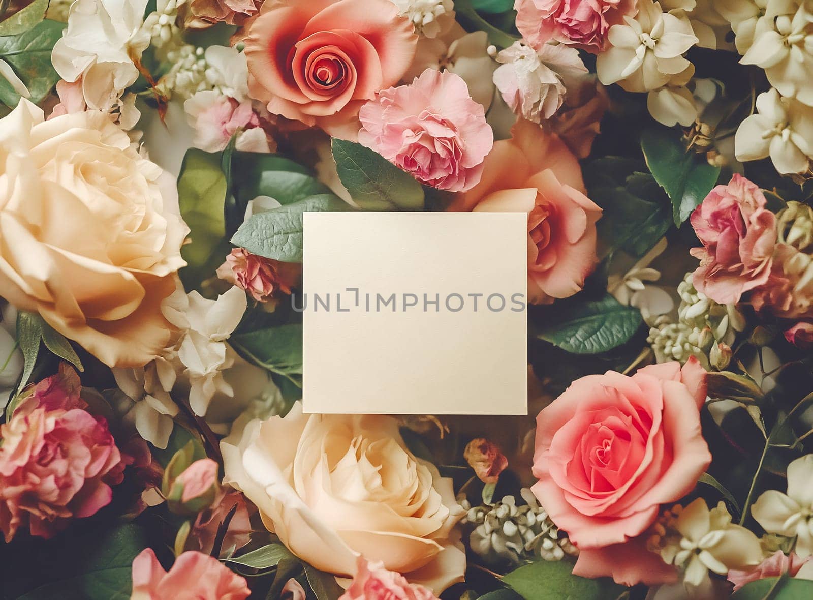 A vibrant arrangement of fresh roses and other blooms surrounds a blank note, ideal for messages or reminders.