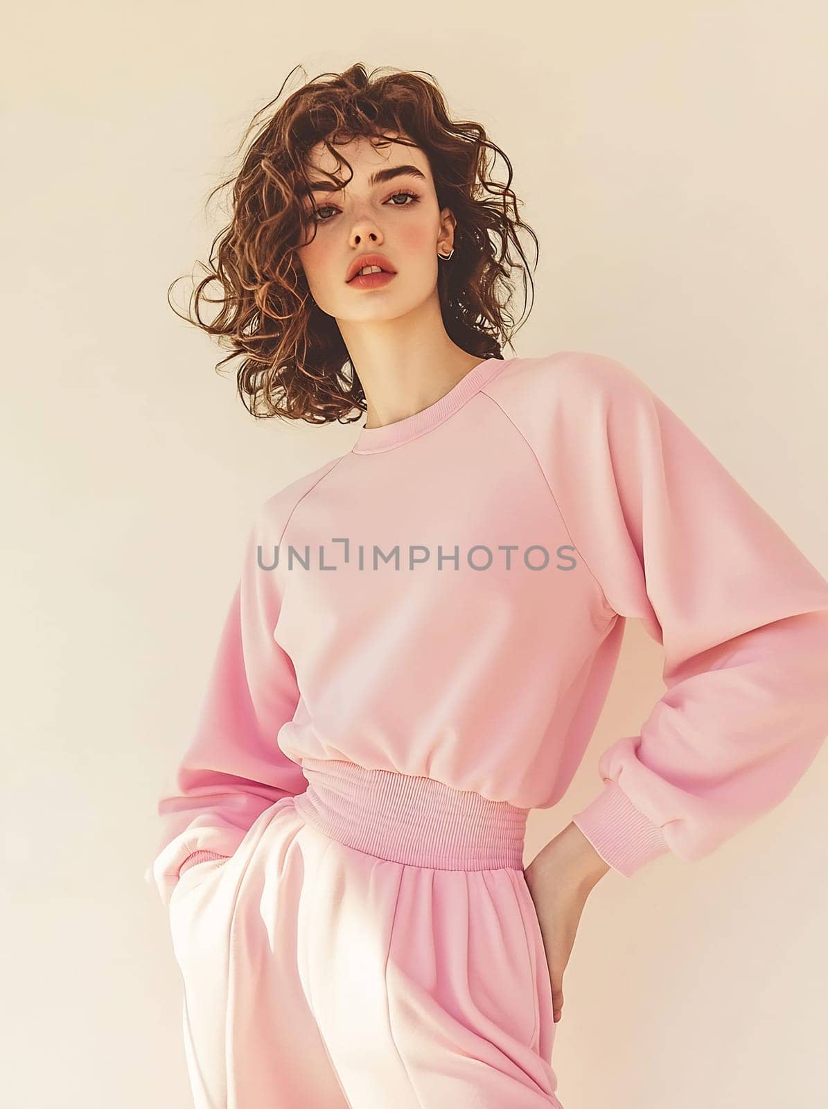 A young woman poses confidently in a chic pink ensemble, showcasing her curly hair and fashion sense in a bright, minimalistic setting.