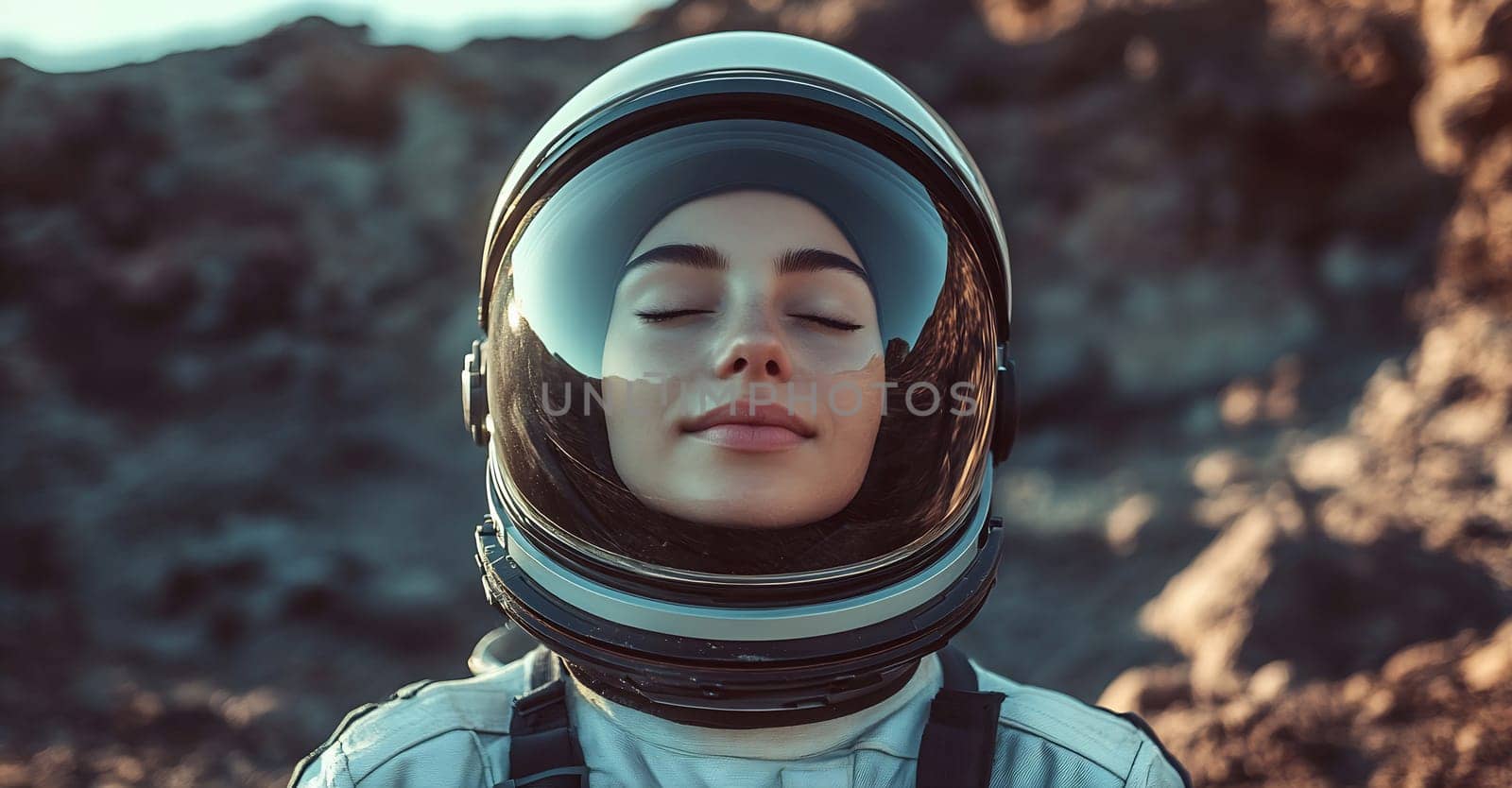 A serene astronaut with a reflective helmet stands on a stark, rocky terrain, embracing the tranquility of an otherworldly environment.
