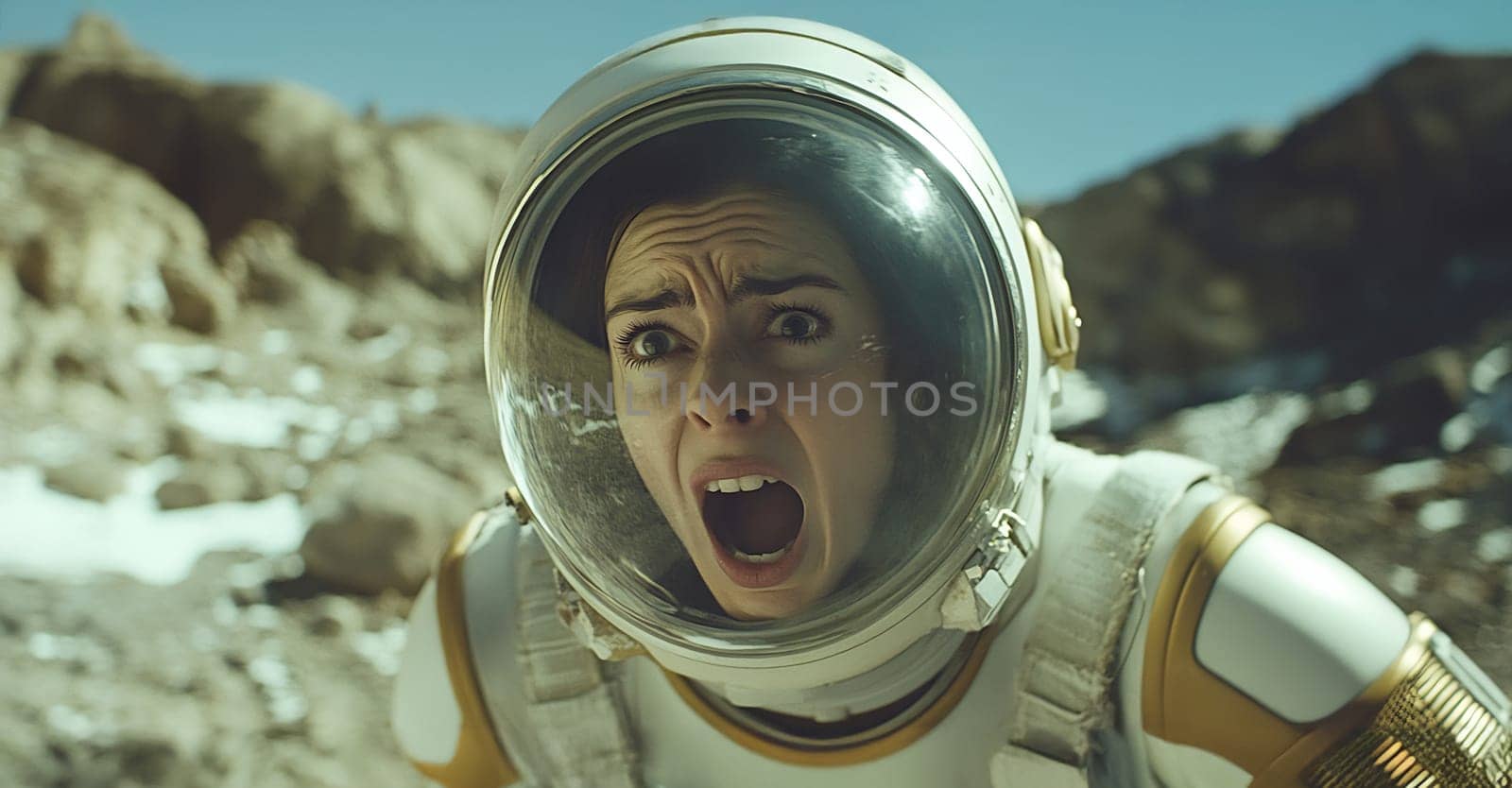 An astronaut expresses fear while exploring a desolate, rocky landscape under a clear sky, suggesting a tense situation.
