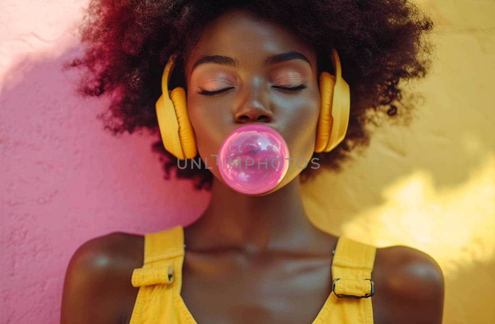 A young woman with curly hair and yellow headphones blows a pink bubble gum, smiling against a colorful backdrop.