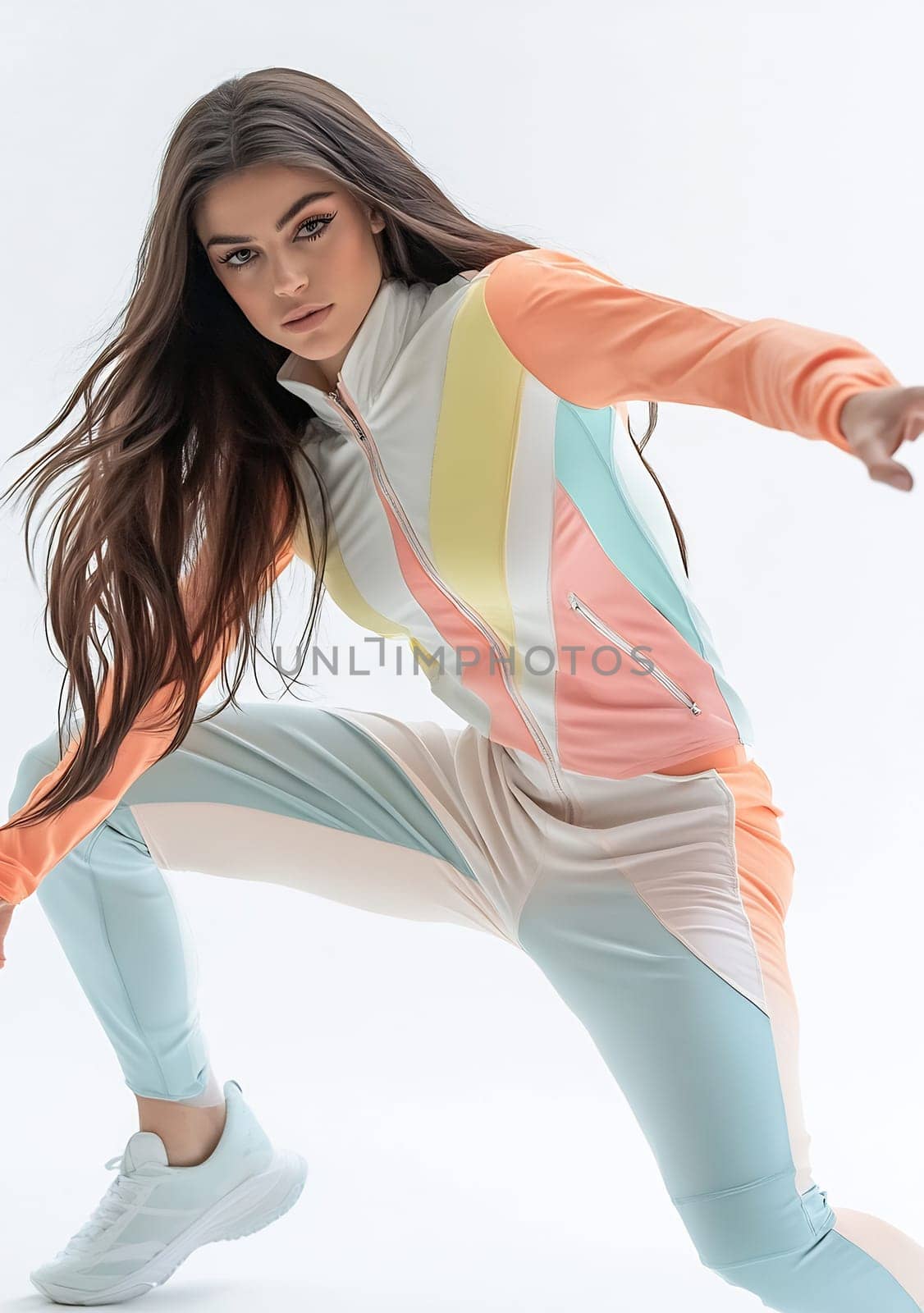 A young woman demonstrates a dynamic pose in colorful athleisure clothing, showcasing confidence in a well-lit indoor setting.
