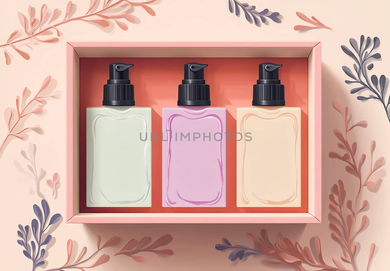Three elegantly designed skincare bottles of different colors are arranged in a decorative box against a floral background.