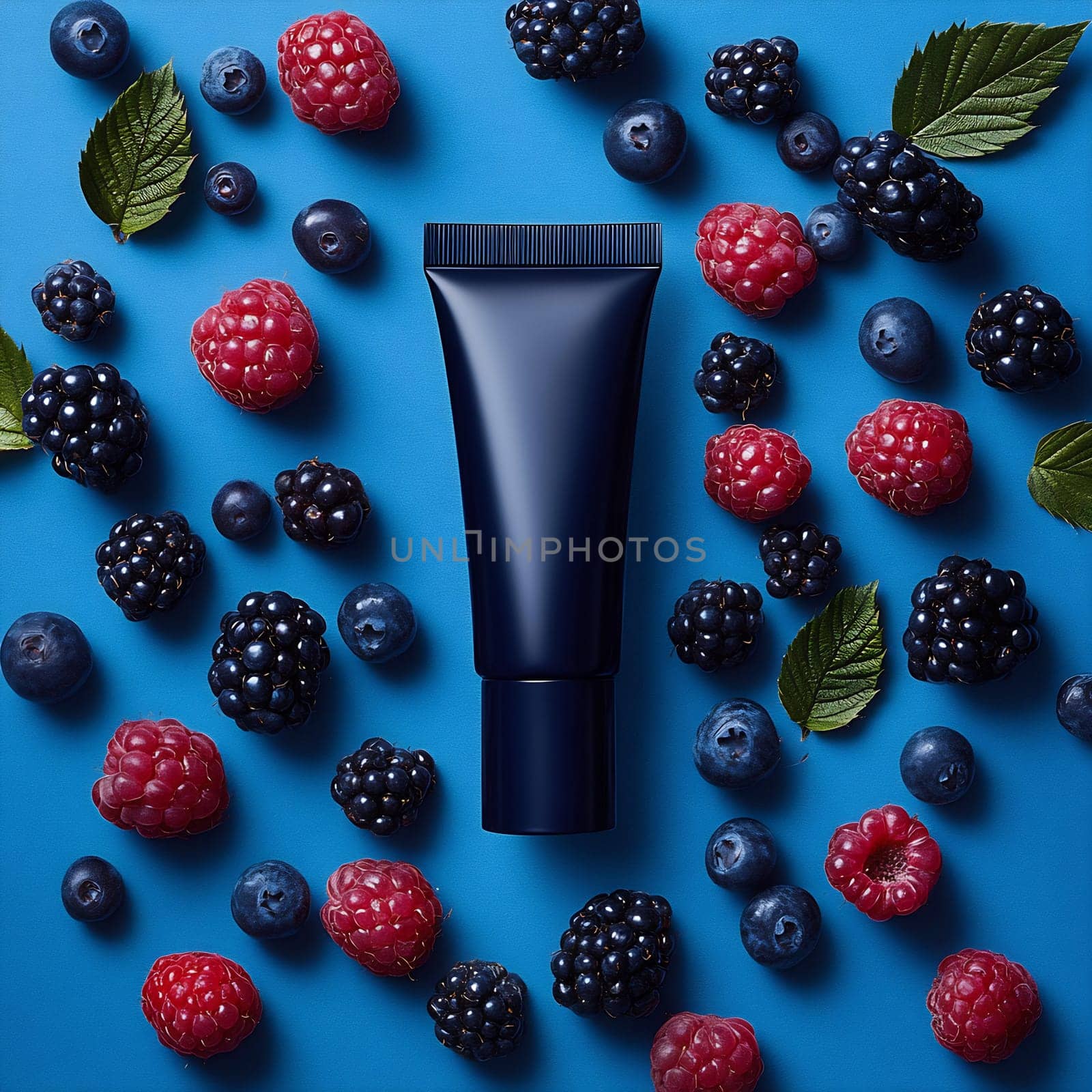A skincare tube is surrounded by vibrant mixed berries on a blue background, highlighting a natural and fresh aesthetic.