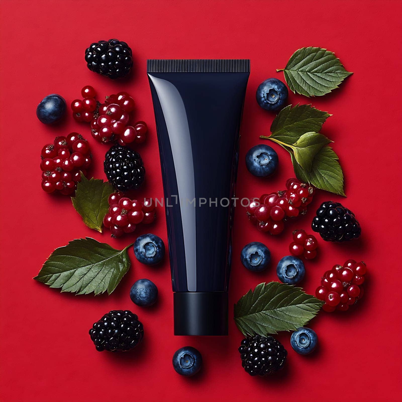 A skincare product is surrounded by an array of fresh berries and green leaves, creating a vibrant and appealing composition.