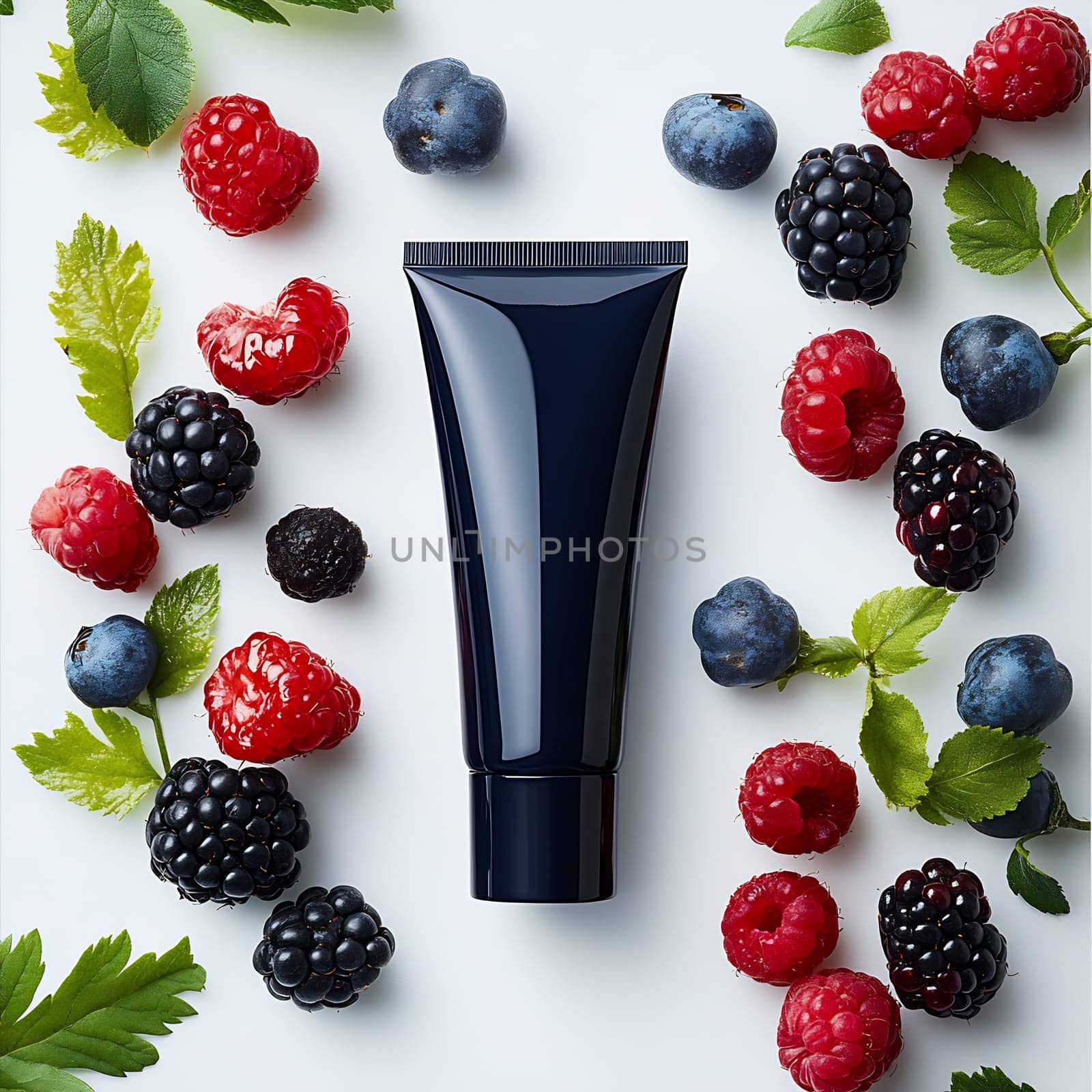 A black tube is artistically arranged with assorted fresh berries and mint leaves on a white surface, suggesting natural skin care.
