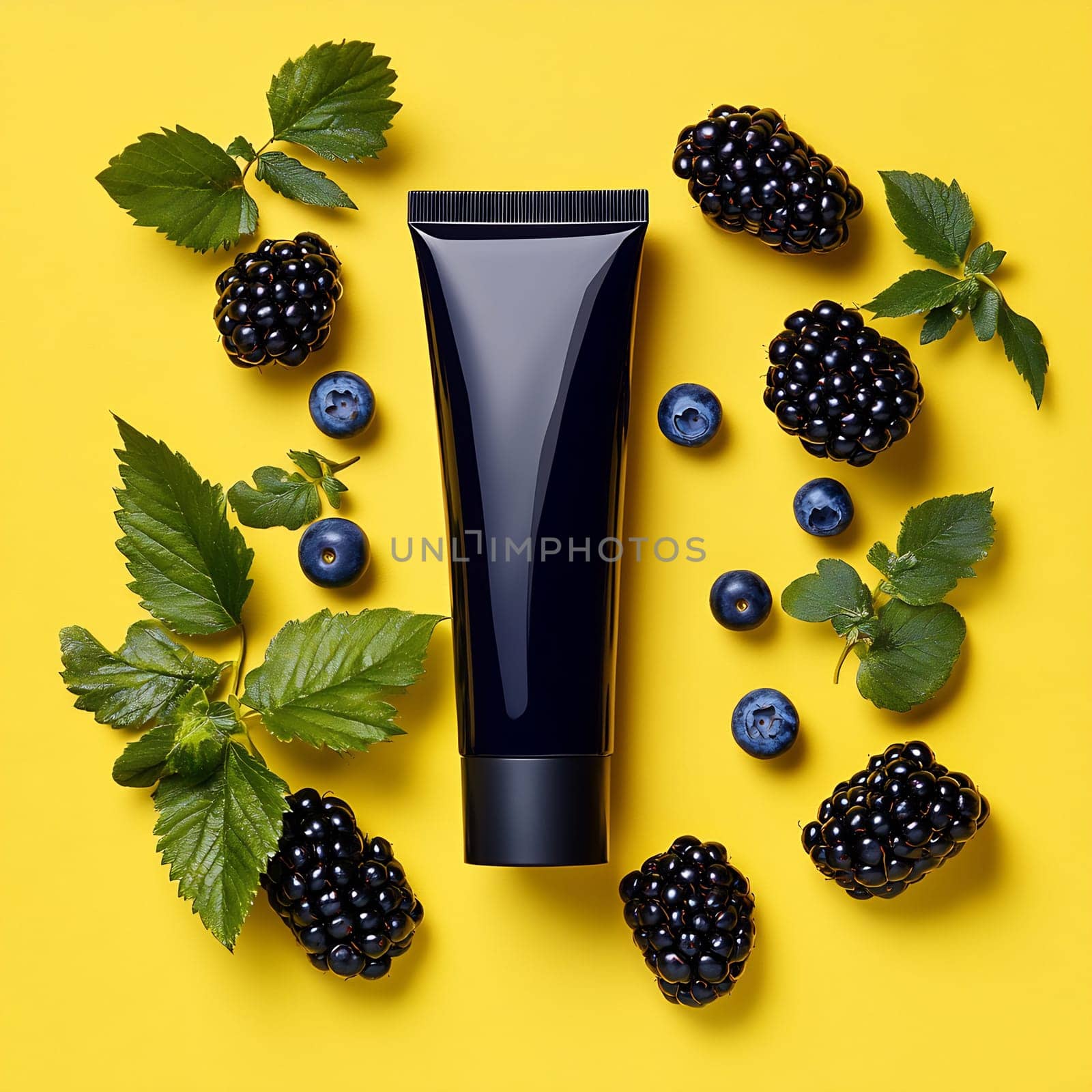 A skincare product is surrounded by fresh blackberries and blueberries, set against a vibrant yellow background.
