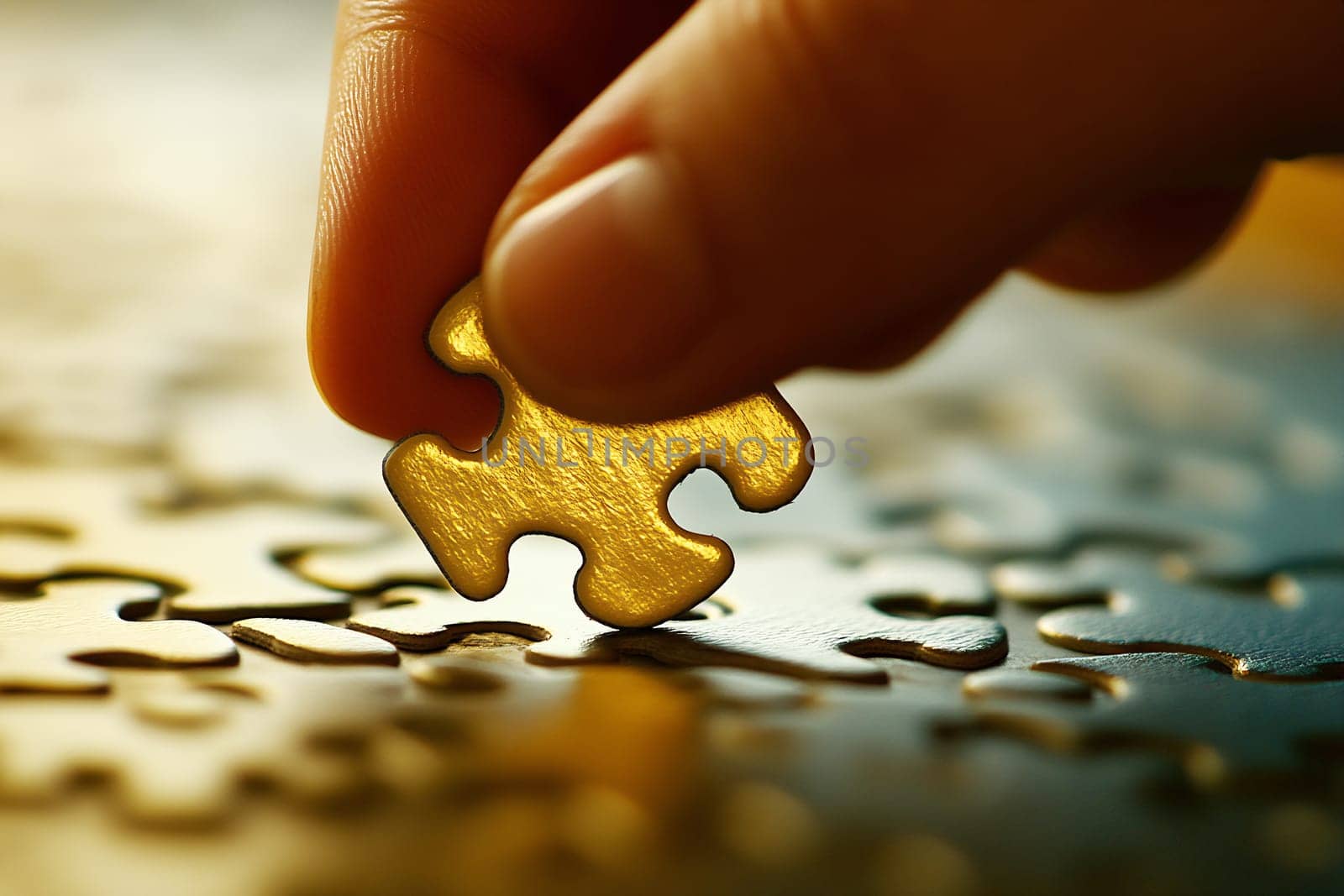 A hand carefully places a golden puzzle piece into its fitting spot, showcasing focus and precision in the thoughtful activity.