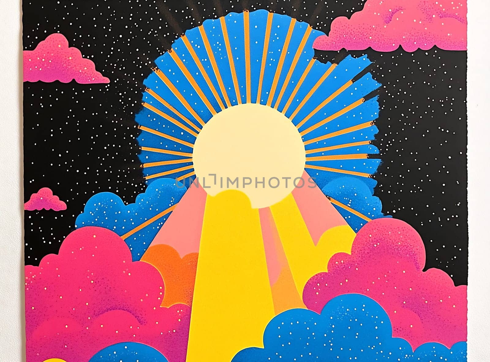 A vibrant sun rises above pink and blue clouds, bathing the night sky in colorful rays, creating a surreal atmosphere.