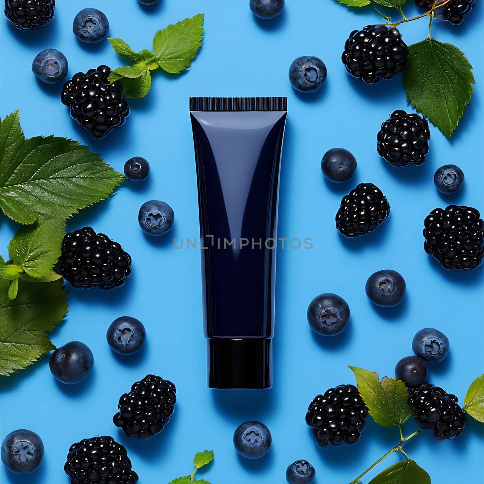 A skincare tube is surrounded by blackberries and blueberries on a bright blue surface, emphasizing a fresh and fruity aesthetic.