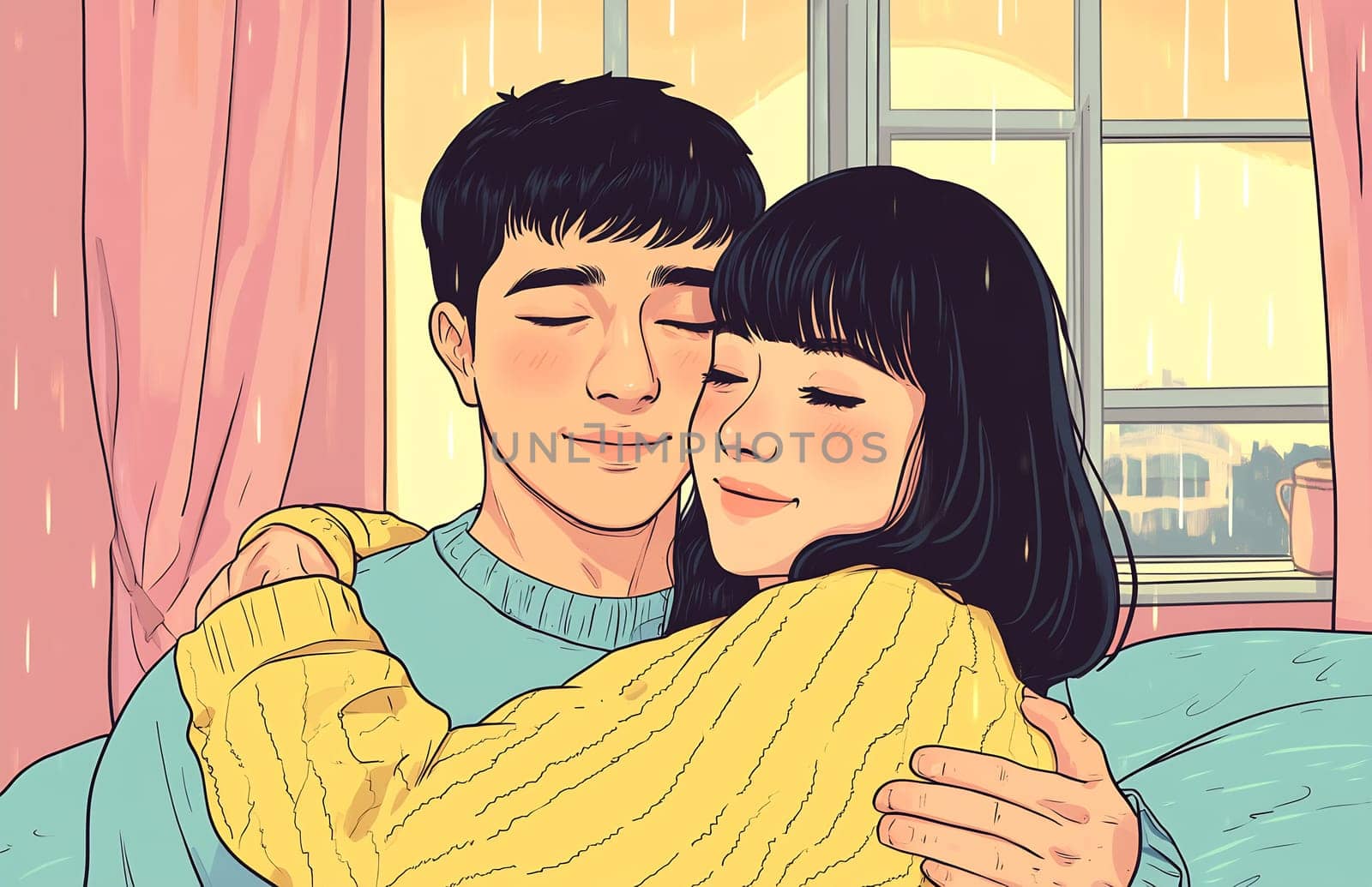 A couple enjoys a warm hug while sitting indoors, surrounded by a cozy ambiance and rain falling outside the window.