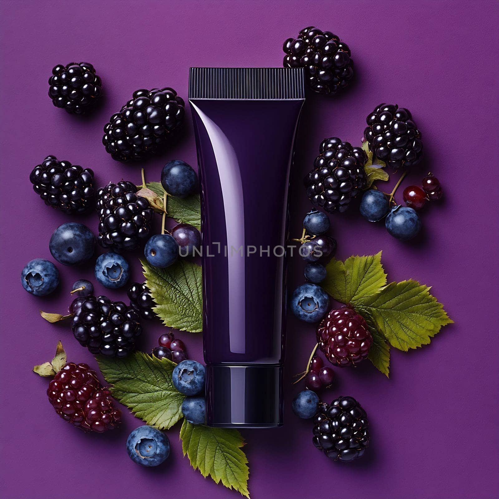 A vibrant purple tube of cream surrounded by fresh blackberries and blueberries on a rich purple background.