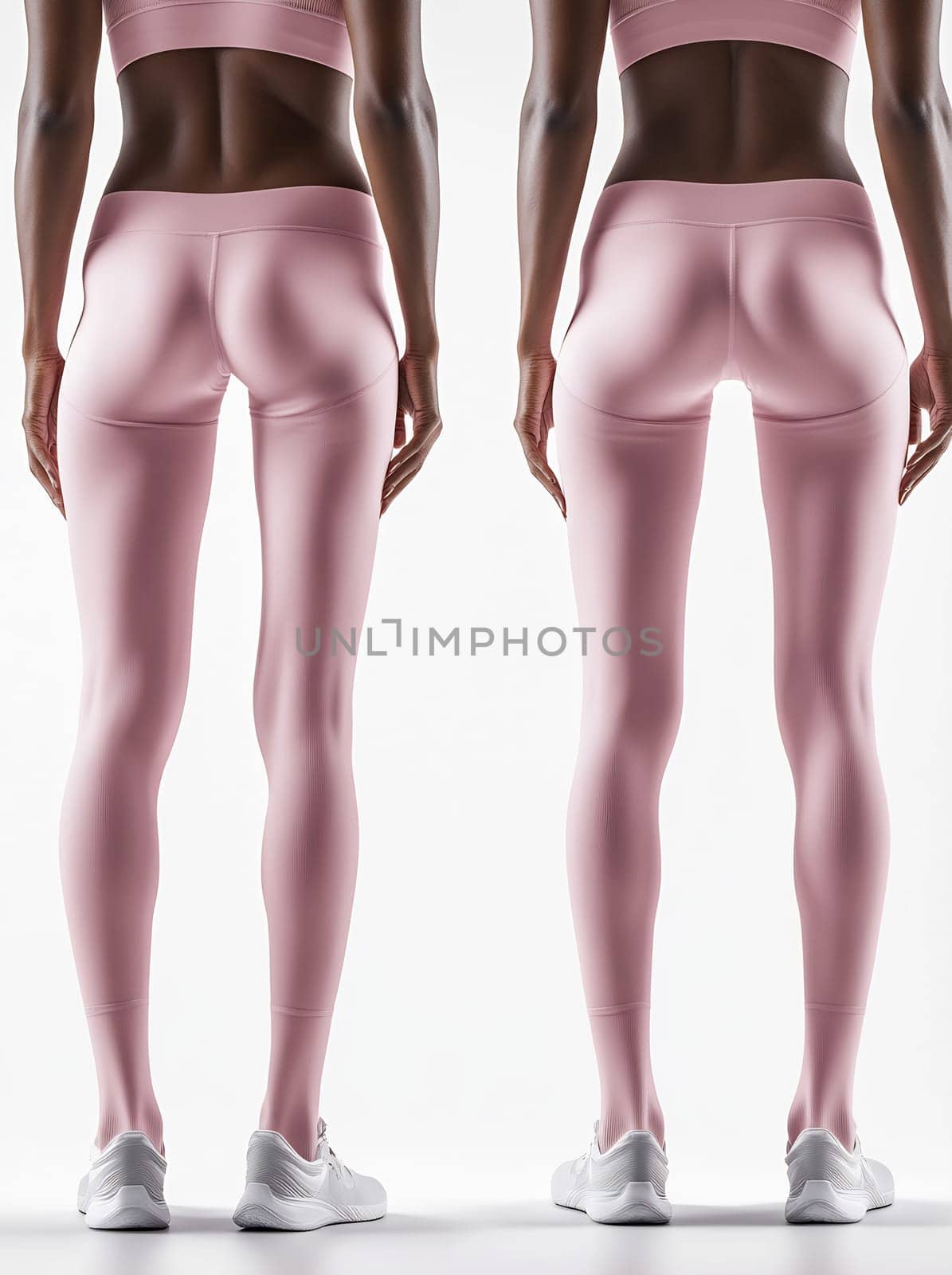 Two women showcase pink athletic leggings designed for fitness, demonstrating flexibility and comfort during a workout session.