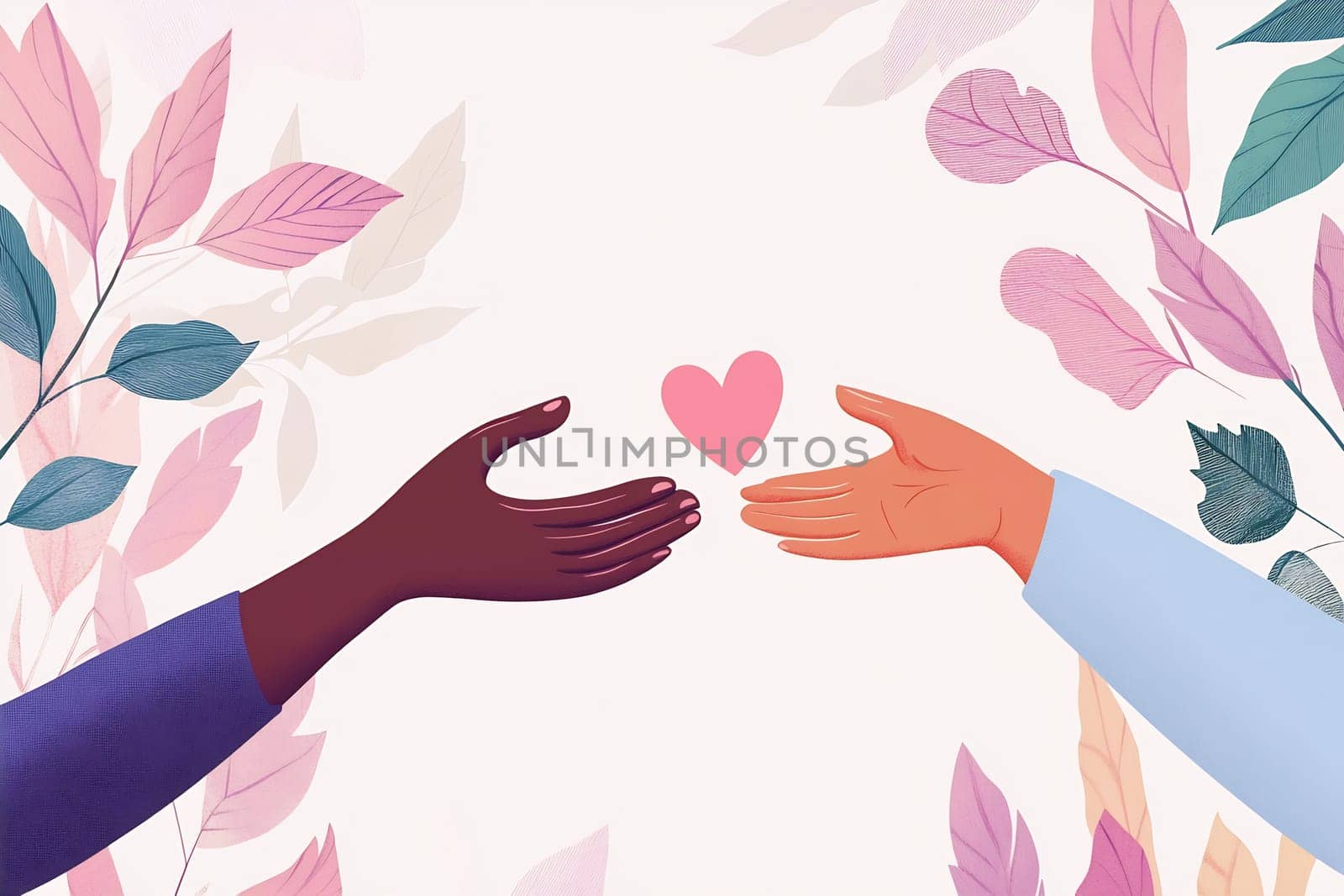 Two diverse hands reach toward each other, connecting through a heart symbol amidst a backdrop of leaves in soft colors.