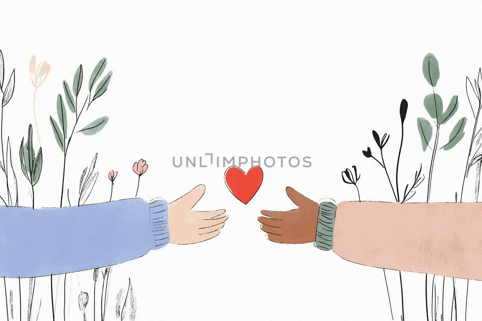 Two diverse hands extend towards a red heart among delicate plants, symbolizing connection and love in a serene setting.