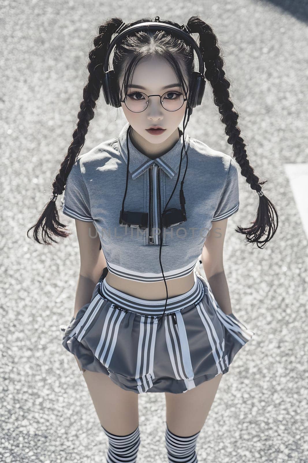 A stylish young woman with pigtails wears trendy clothing and headphones while enjoying music in an urban setting.