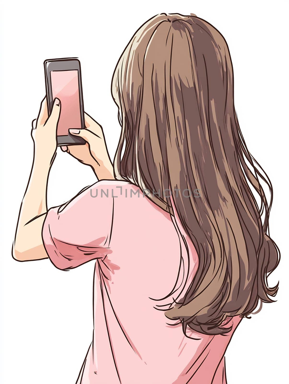 A young woman is holding her smartphone, preparing to take a selfie. Her long hair flows down her back as she poses.