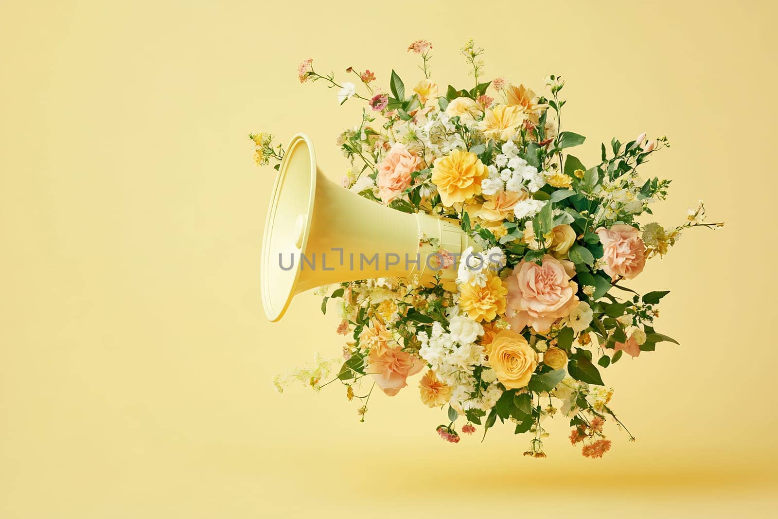A vibrant arrangement of yellow and pink flowers bursts from a yellow megaphone against a bright background, showcasing creativity and joy.