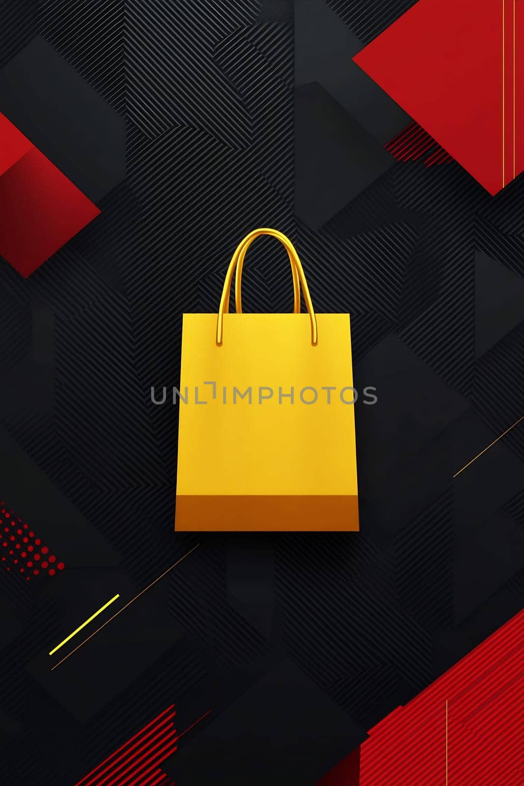A vibrant yellow shopping bag stands prominently against a dark, textured backdrop with red geometric shapes.