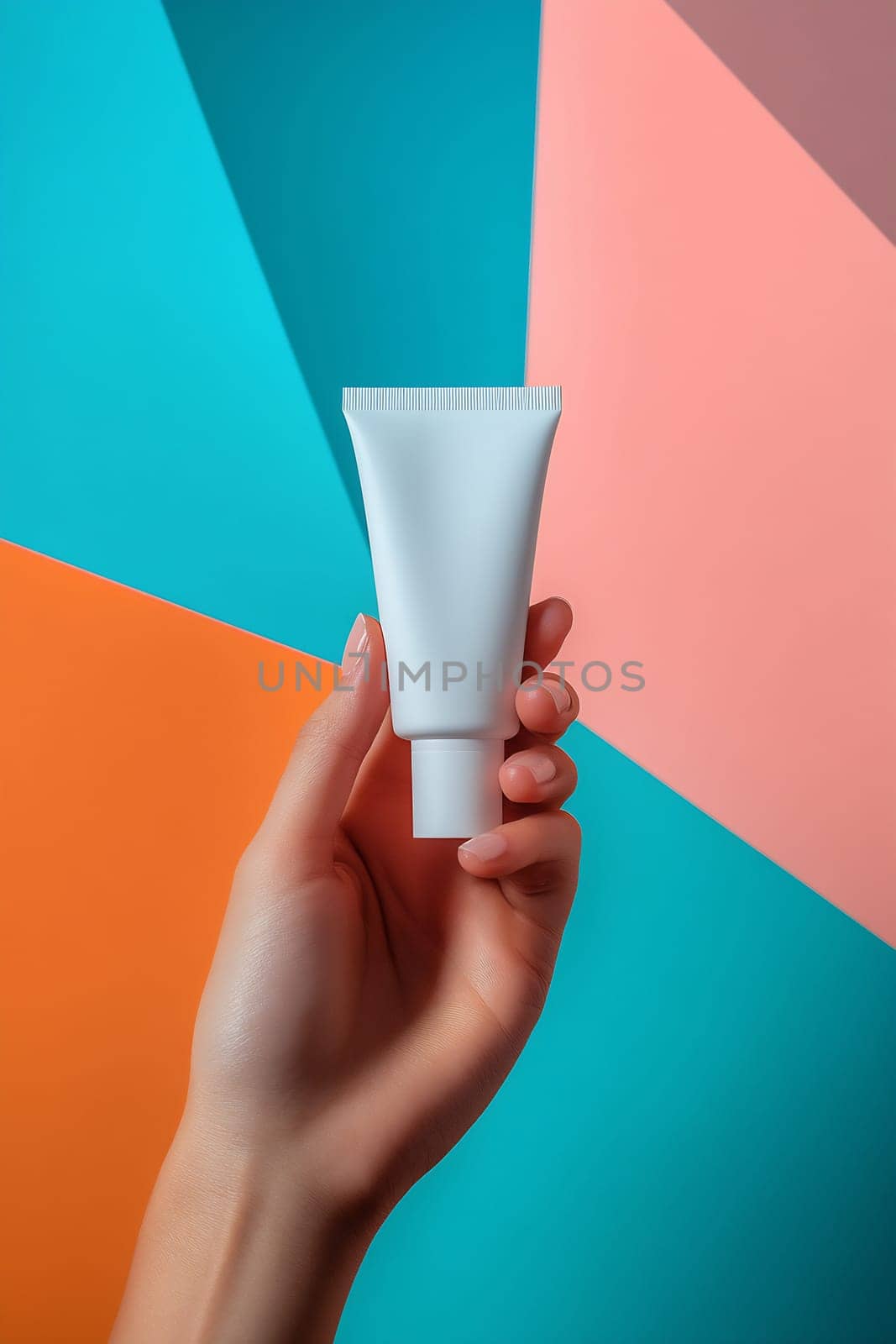 A hand is holding a white cream tube in front of a vibrant, geometric backdrop featuring orange, pink, and blue colors.
