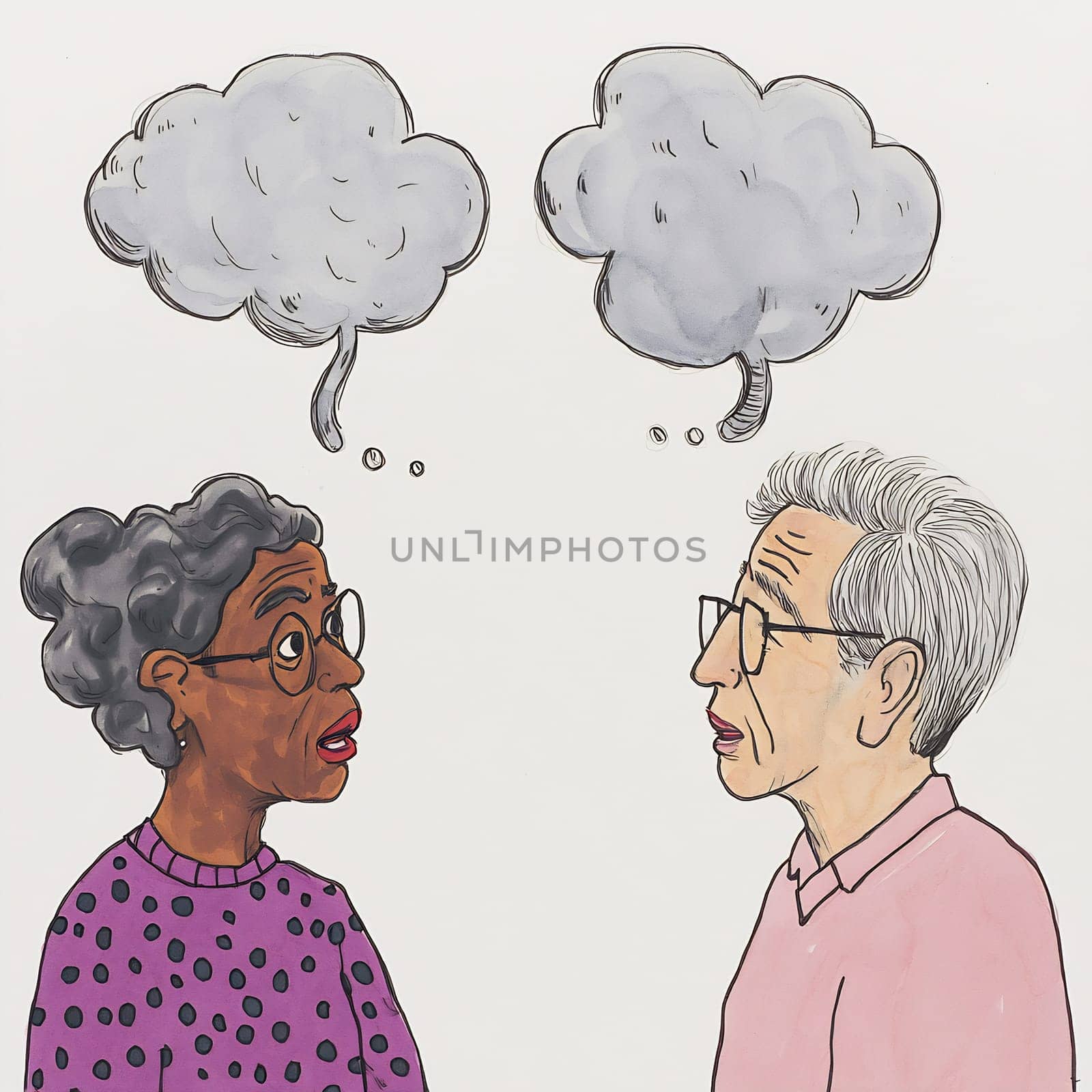 An elderly couple shares thoughts during a heartfelt conversation, each lost in their own reflections.