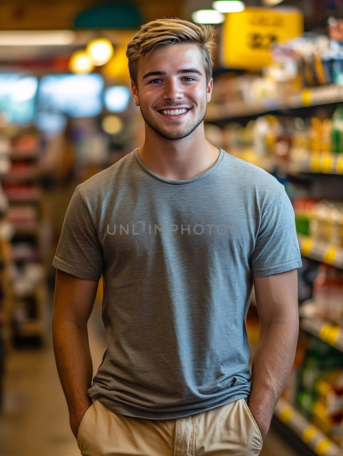 A cheerful young man stands confidently in a grocery aisle, surrounded by various products. The warm atmosphere adds to his friendly demeanor.