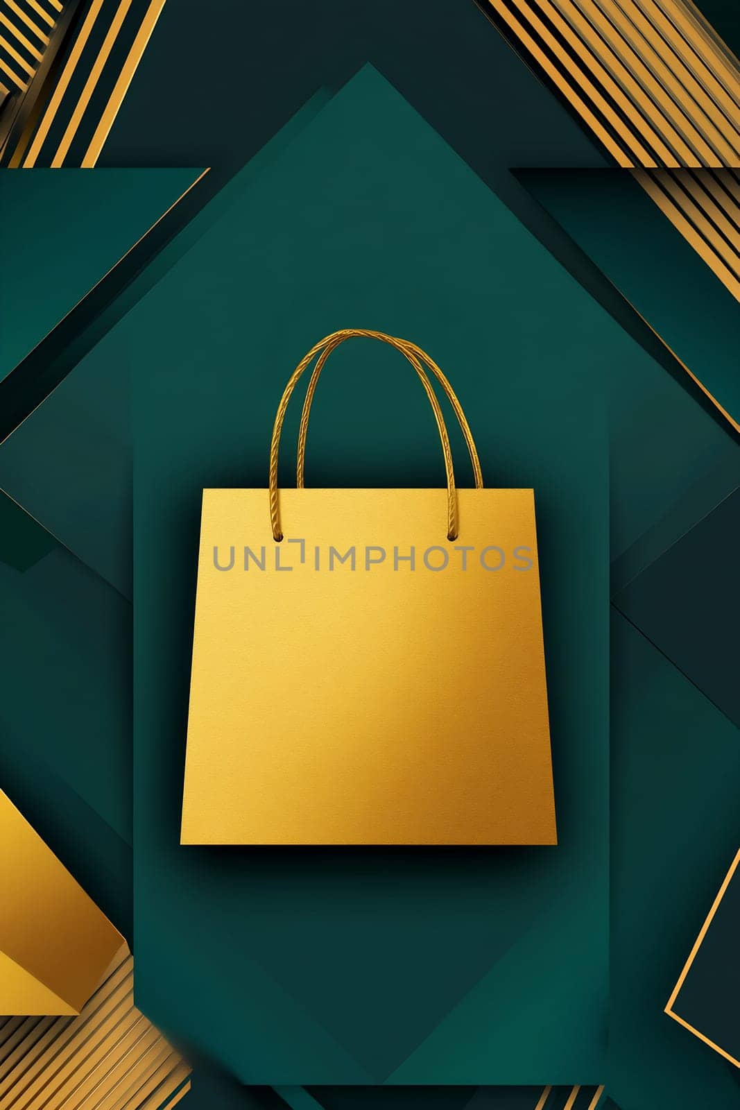 A stylish golden shopping bag rests against a rich teal and geometric backdrop, emphasizing modern design and luxury.