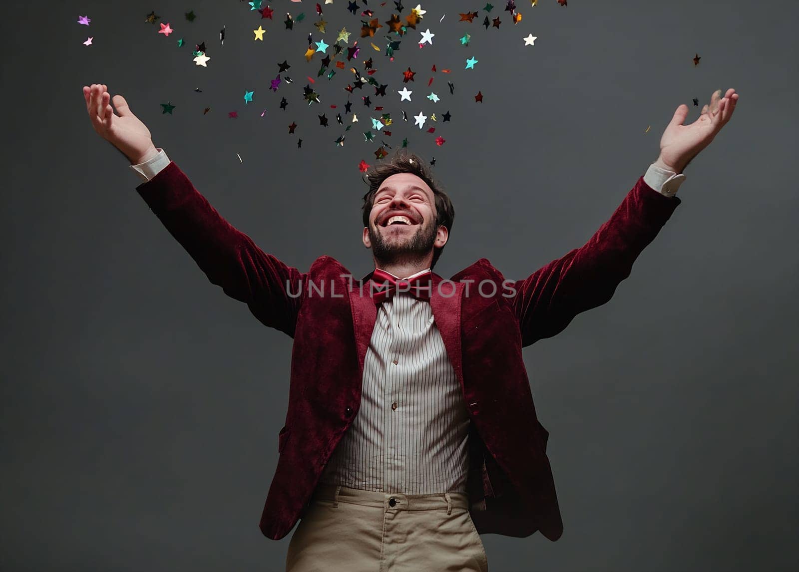 A man in a red blazer joyfully raises his arms while colorful confetti falls around him, creating a festive atmosphere.
